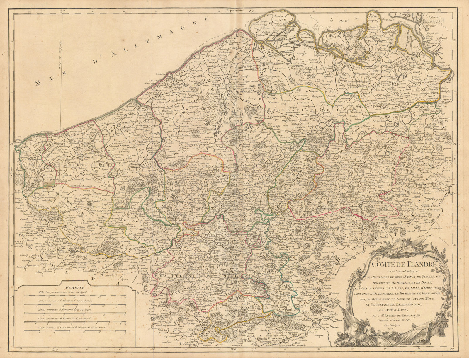 "Comté de Flandre". French & Belgian Flanders. Nord. VAUGONDY 1752 old map