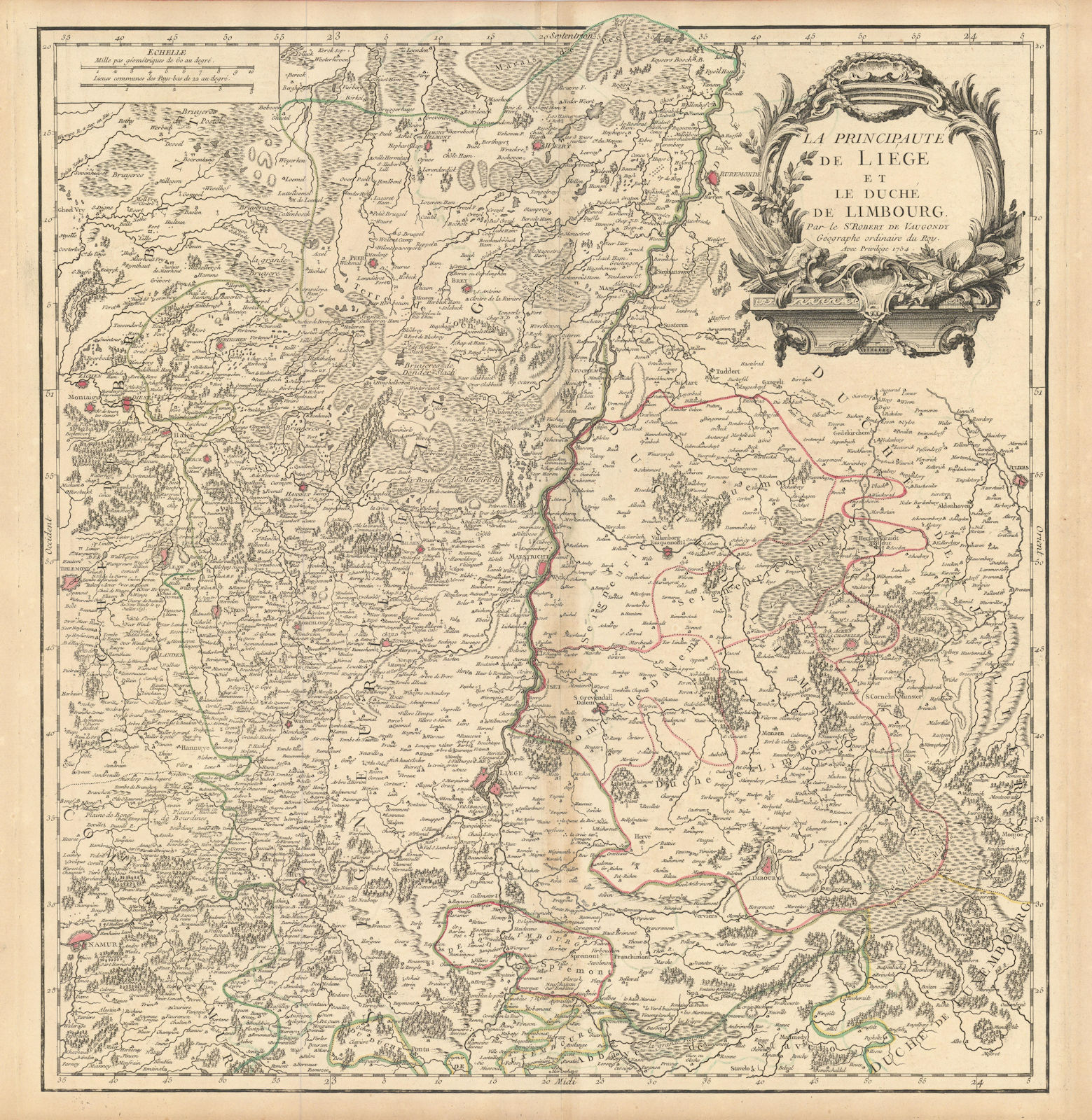 "La Principauté de Liege et le Duché de Limbourg". NL Belgium. VAUGONDY 1754 map