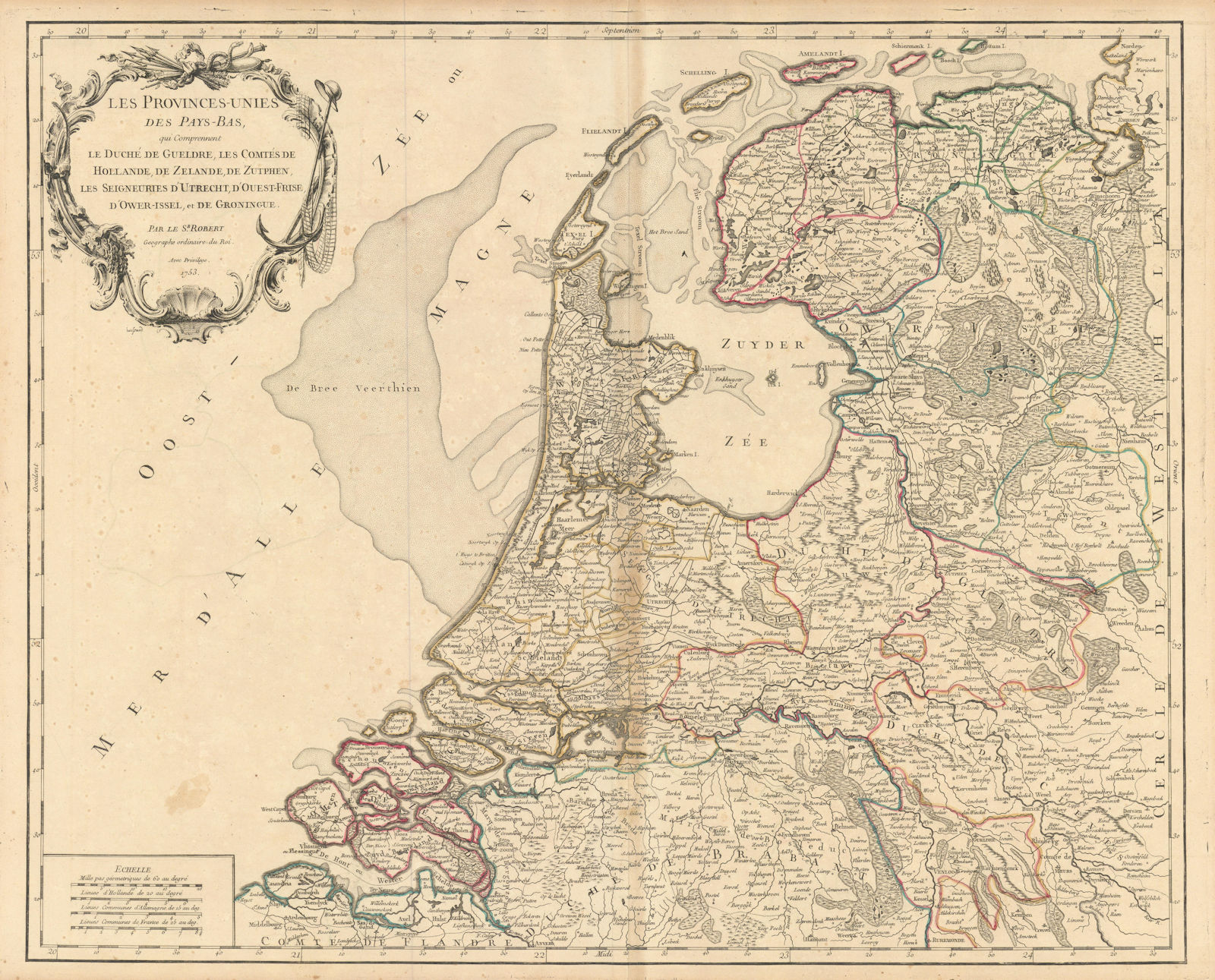 "Les Provinces-Unies des Pays-Bas". Netherlands. ROBERT DE VAUGONDY 1753 map