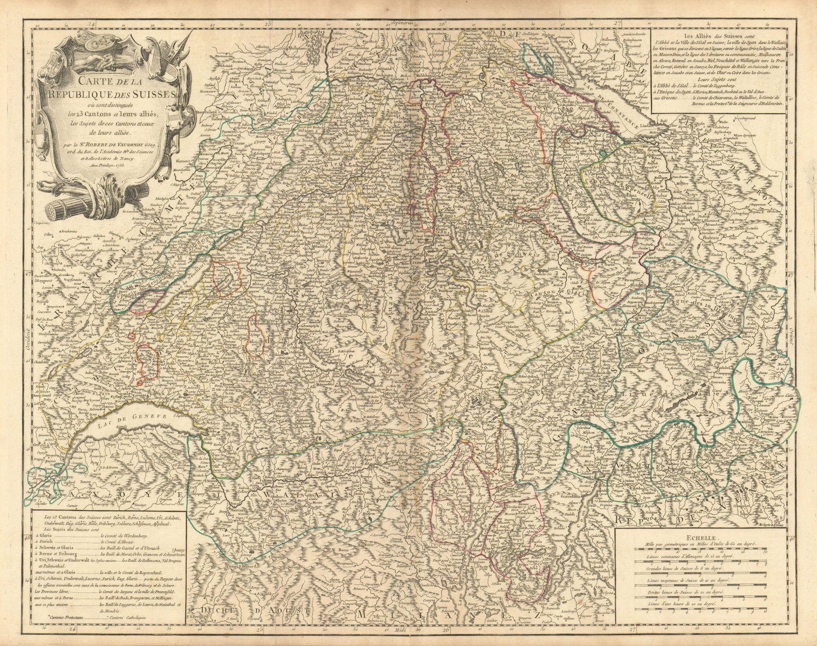 "Carte de la Republique des Suisses". Schweiz Switzerland. VAUGONDY 1756 map