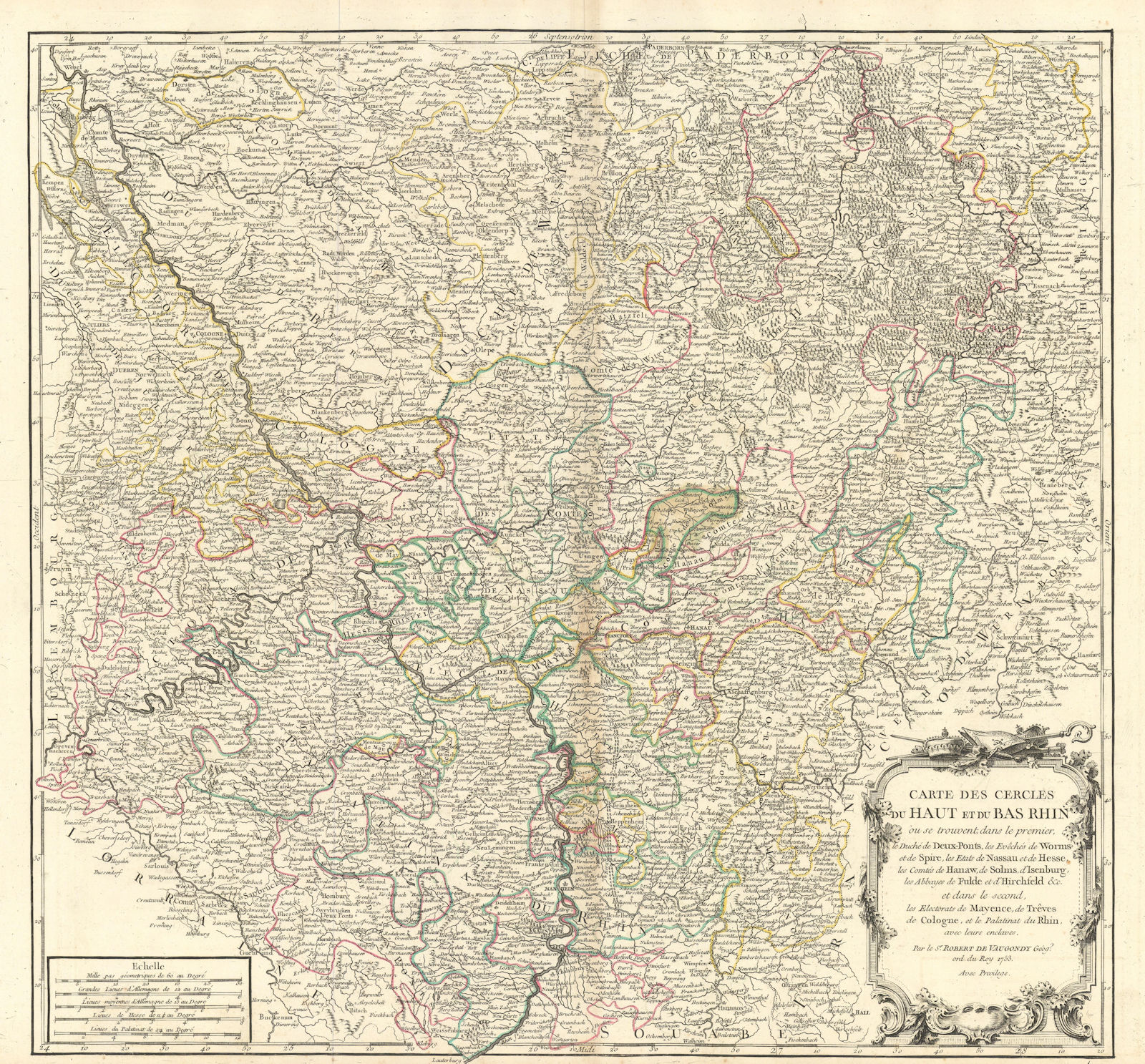 "Carte des Cercles du Haut et du Bas Rhin". Germany Rhineland. VAUGONDY 1753 map