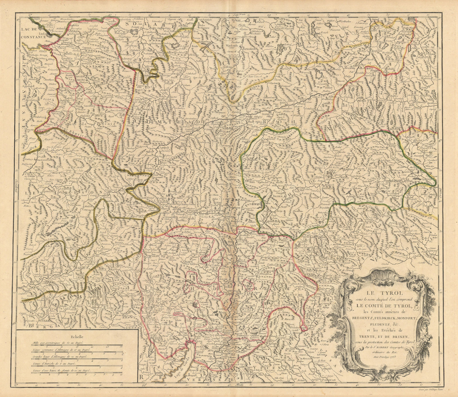 "Le Tyrol sous le nom duq'uel…" Tirol & Trentino-Alto Adige. VAUGONDY 1753 map