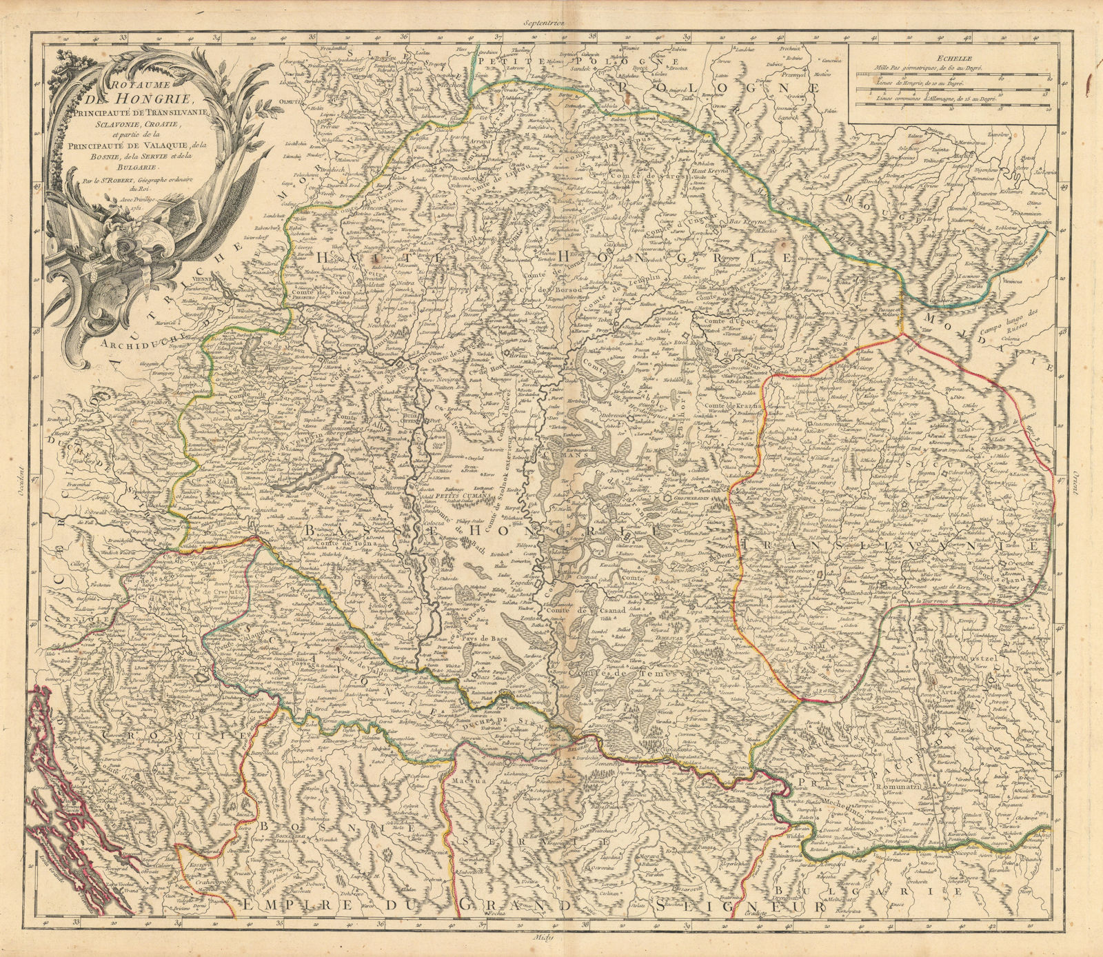 "Royaume de Hongrie… Transilvanie…" Hungary Slovakia Croatia. VAUGONDY 1751 map