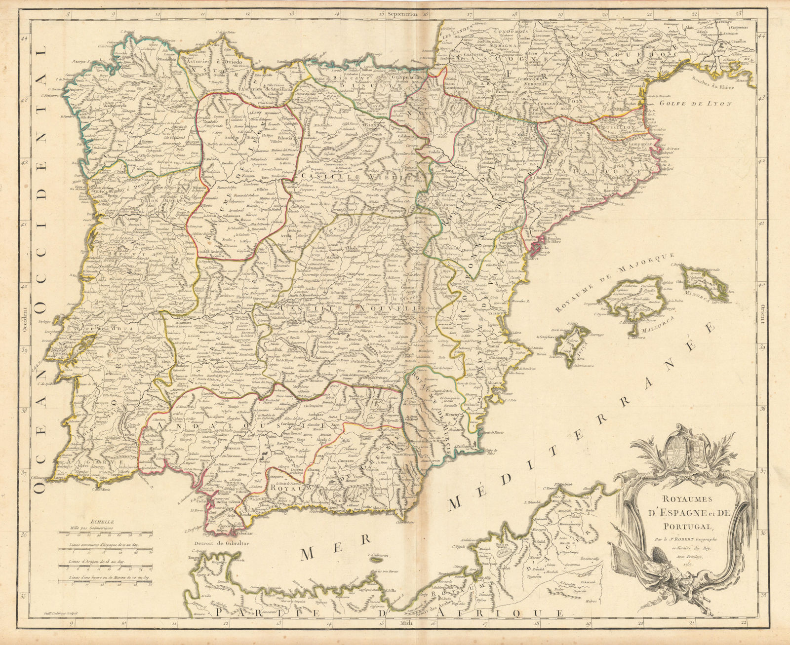 "Royaumes d'Espagne et de Portugal". Spain & Portugal. Iberia. VAUGONDY 1750 map
