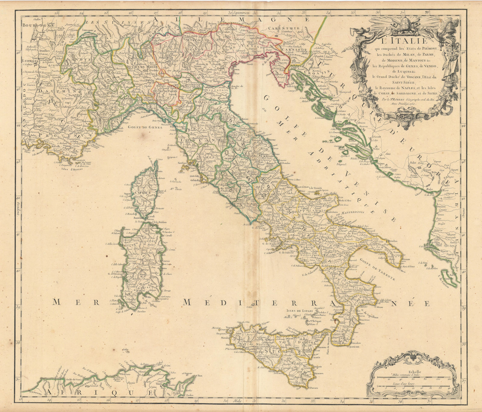 "L'Italie qui comprend les Etats de Piémont…" Italy. ROBERT DE VAUGONDY 1750 map