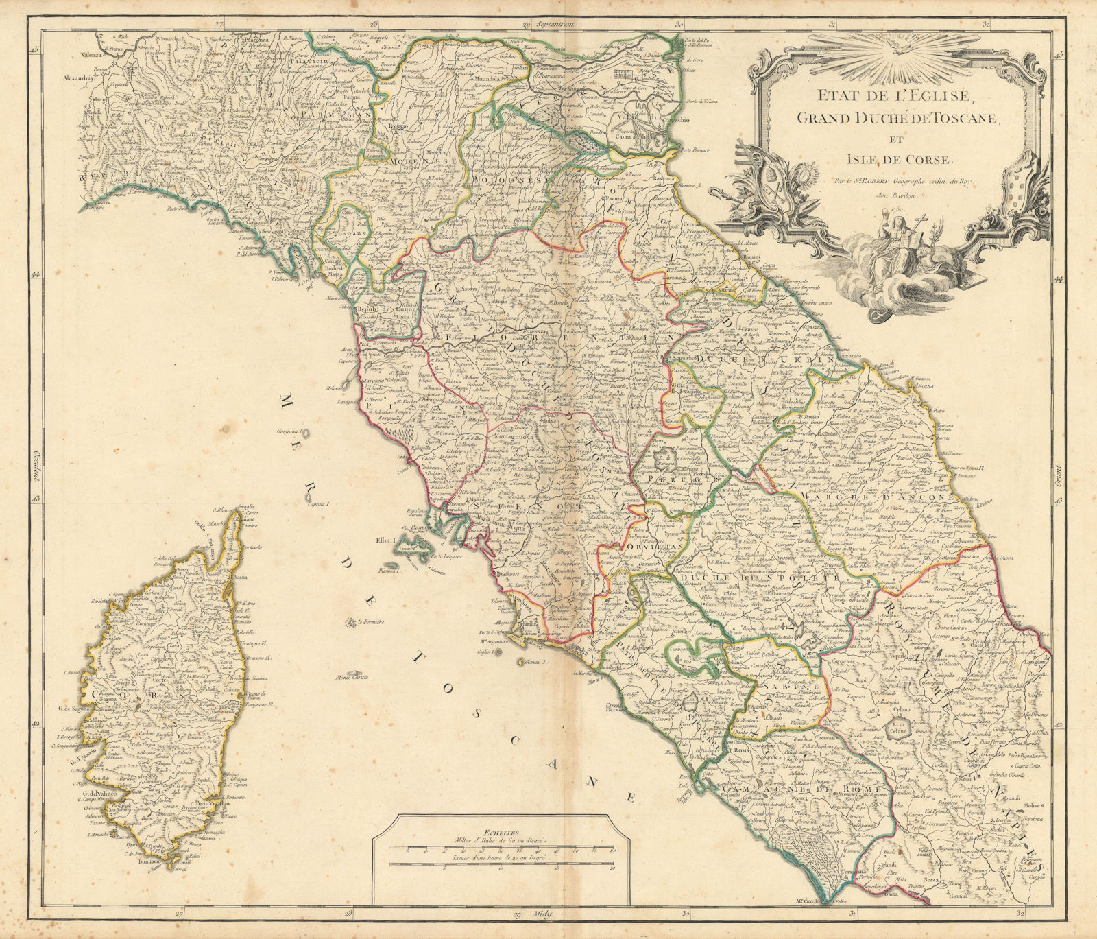 "Etat l'Eglise, Grand Duché Toscane et Isle Corse" Tuscany. VAUGONDY 1750 map