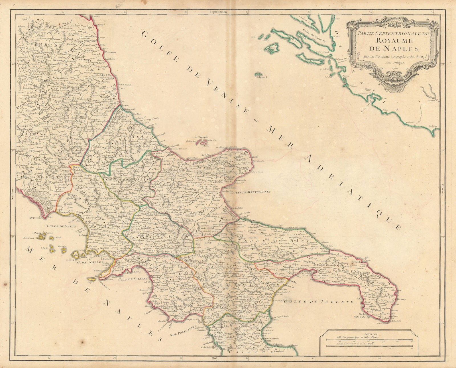 "Partie Septentrionale du Royaume Naples". Italy Southern. VAUGONDY 1750 map