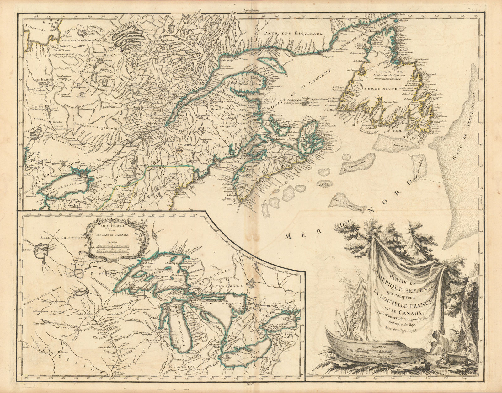 "Partie de l'Amérique Septent… la Nouvelle France". Canada. VAUGONDY 1755 map