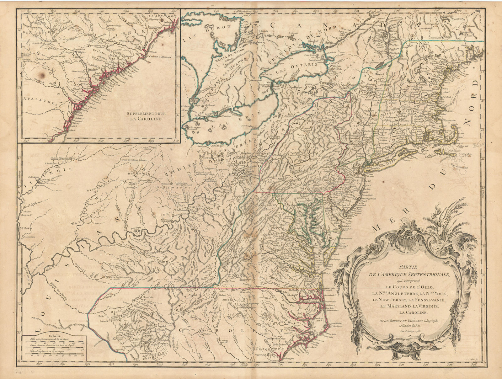 "Partie de l'Amerique Septentrionale…" Northeastern USA. VAUGONDY 1755 old map