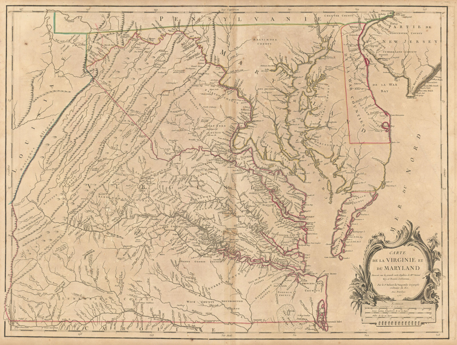 "Carte de la Virginie et du Maryland" Virginia Chesapeake Bay. VAUGONDY 1755 map