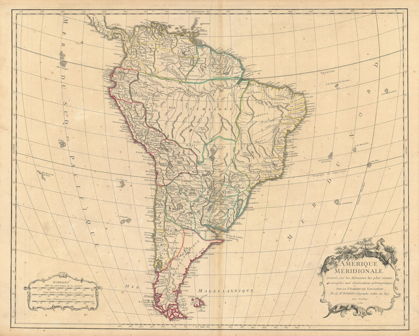 "Amérique Méridionale". South America. ROBERT DE VAUGONDY 1750 old antique map