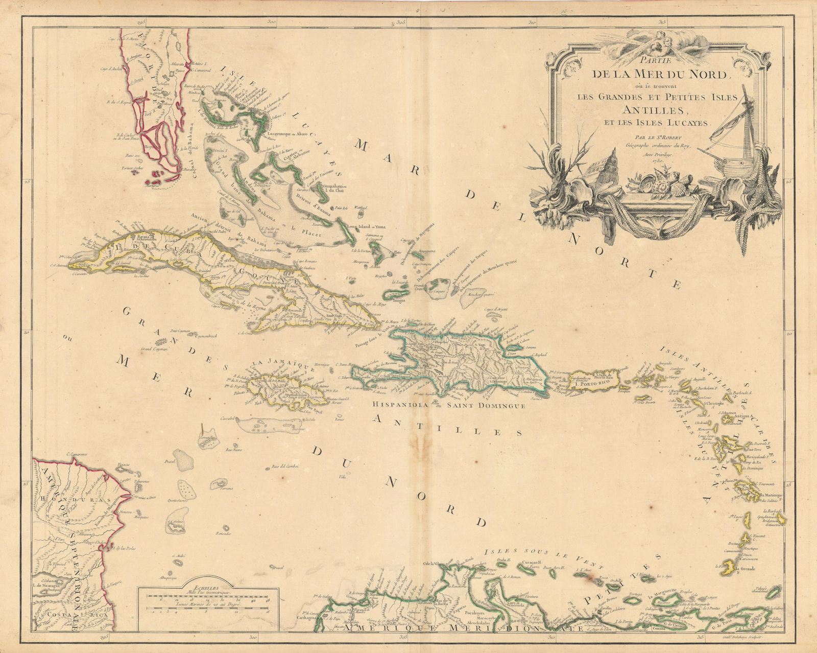 "La Mer du Nord où se trouvent les… Isles". Caribbean. VAUGONDY 1750 old map