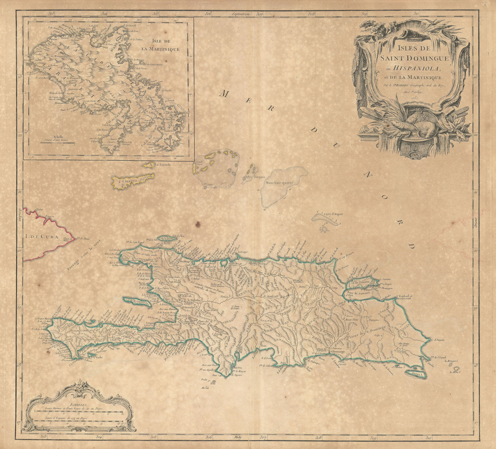 Saint Domingue ou Hispaniola et...Martinique'. Santo Domingo. VAUGONDY 1750 map