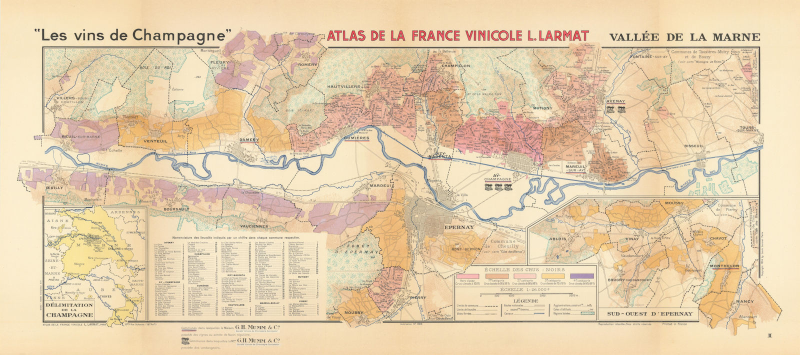 CHAMPAGNE VINEYARD MAP Vallée de la Marne. Ay Mareuil. Mumm. LARMAT 1944