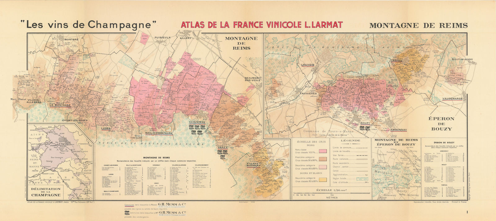 CHAMPAGNE VINEYARD MAP Montagne de Reims. Éperon de Bouzy. Mumm. LARMAT 1944