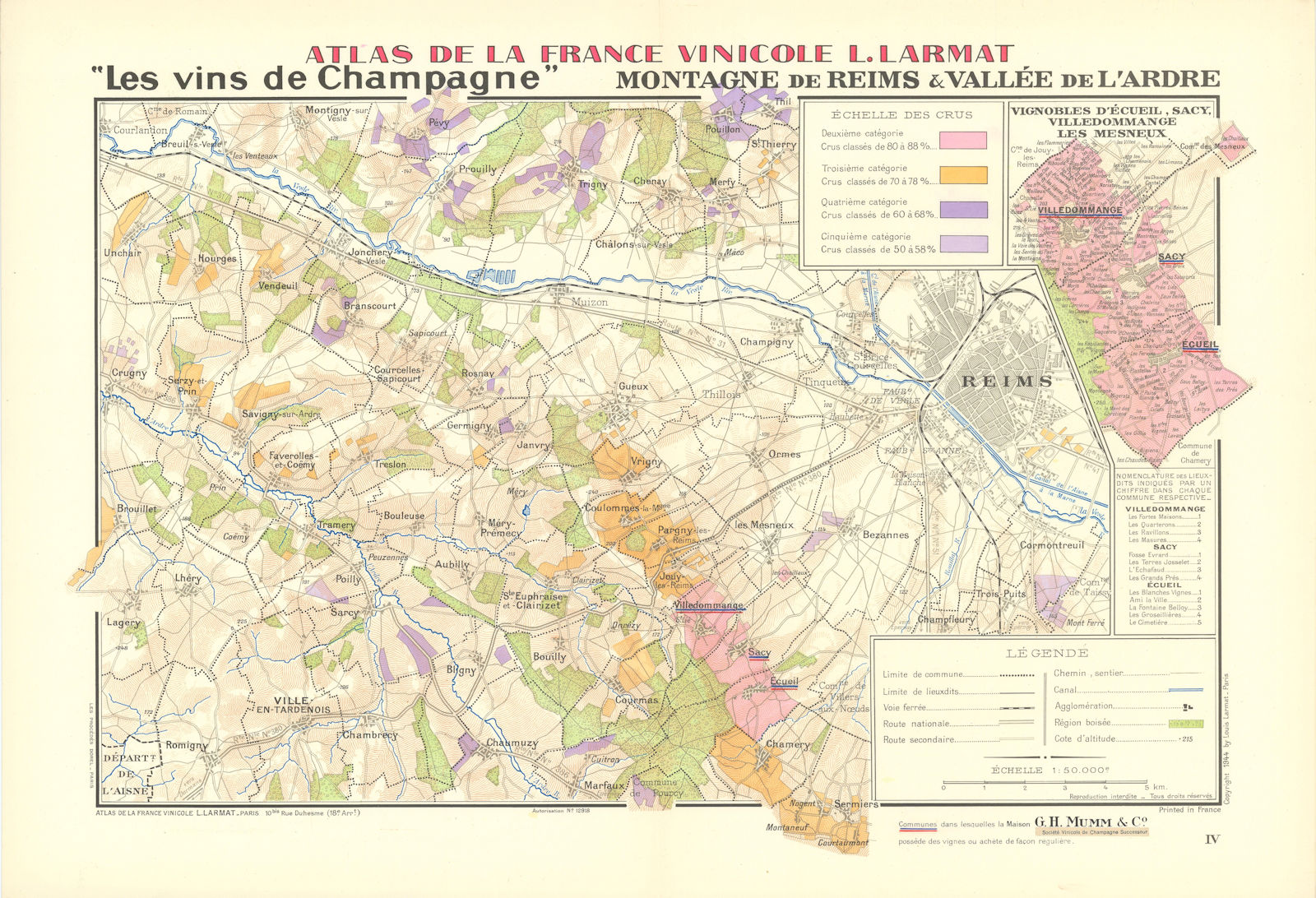 CHAMPAGNE VINEYARD MAP Montagne de Reims. Vallée de l'Ardre. Mumm. LARMAT 1944