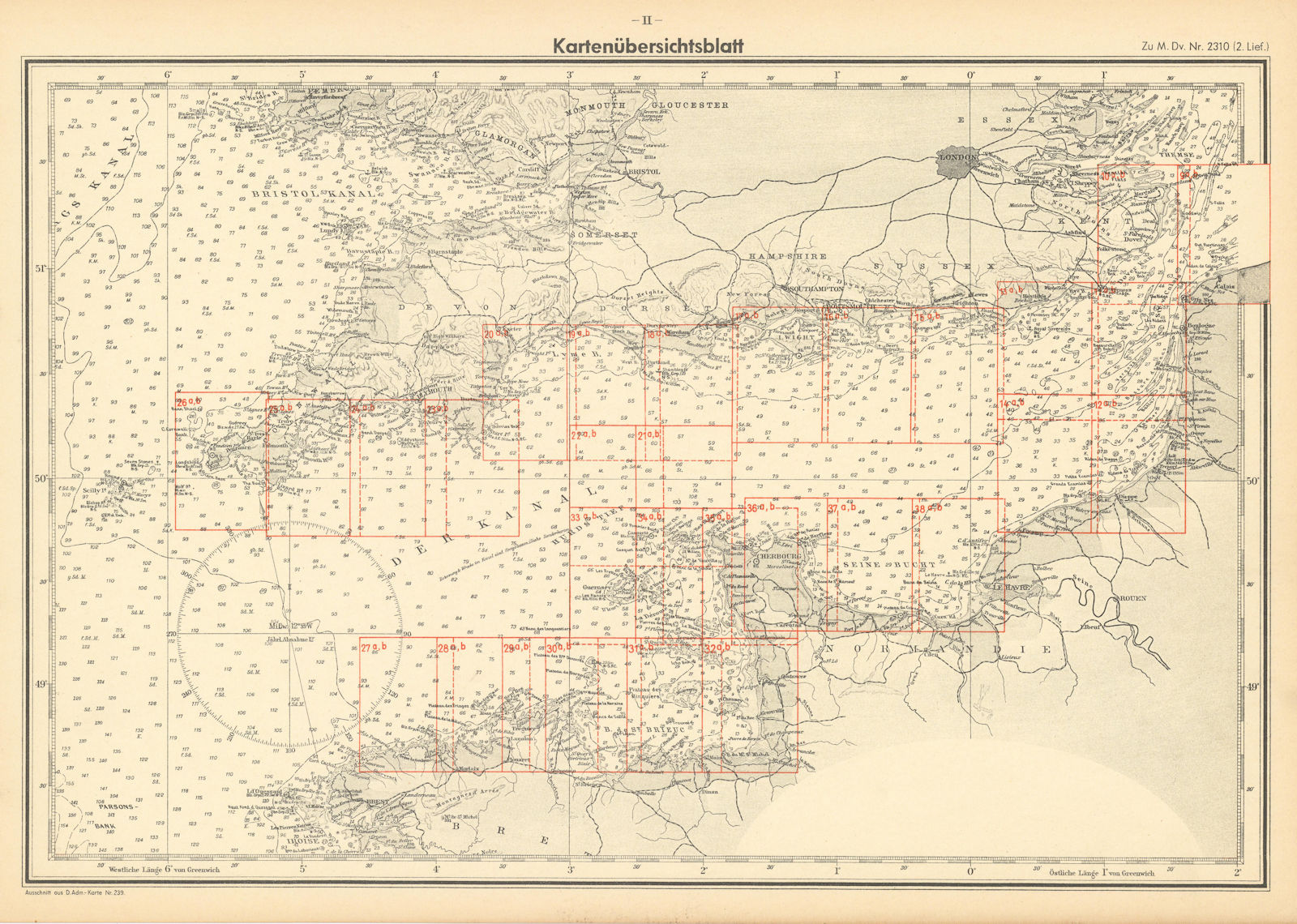 Map overview sheet. English Channel. KRIEGSMARINE Nazi map 1940 old