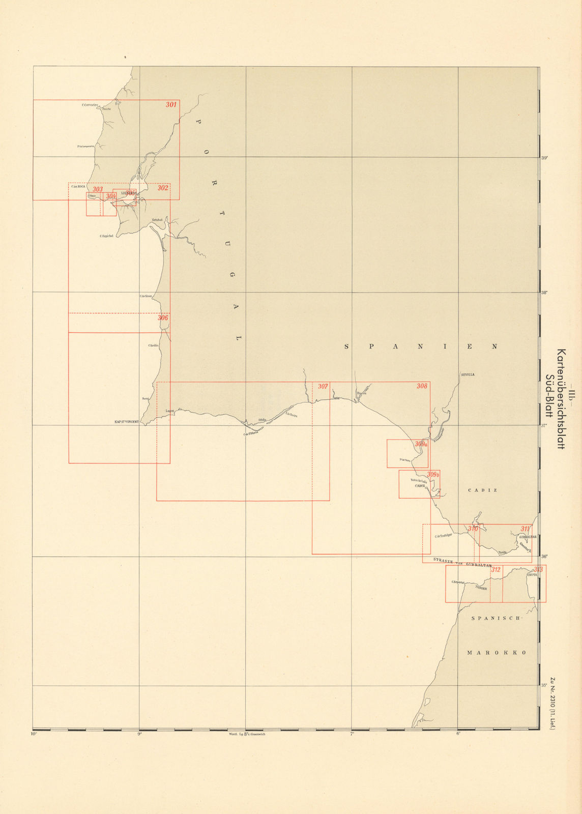Index map. Portugal & Spain SW coast. KRIEGSMARINE Nazi map 1943 old