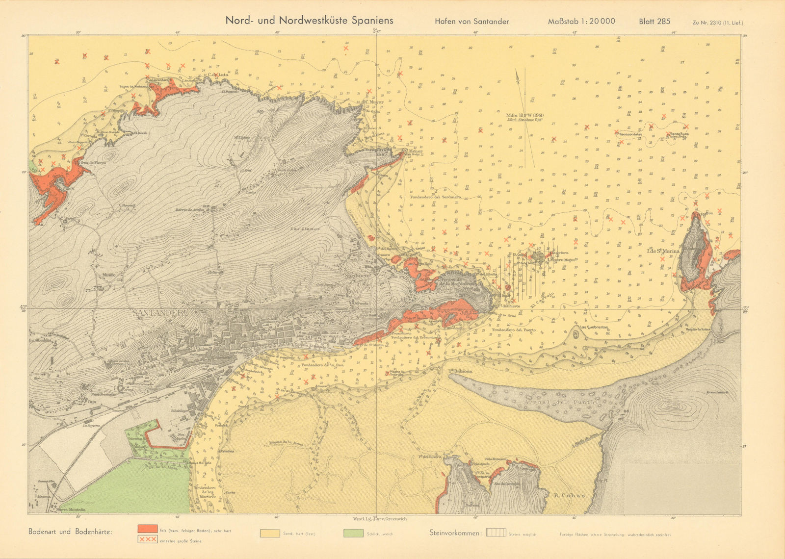 Santander harbour. Spain. KRIEGSMARINE Nazi map 1943 old vintage chart