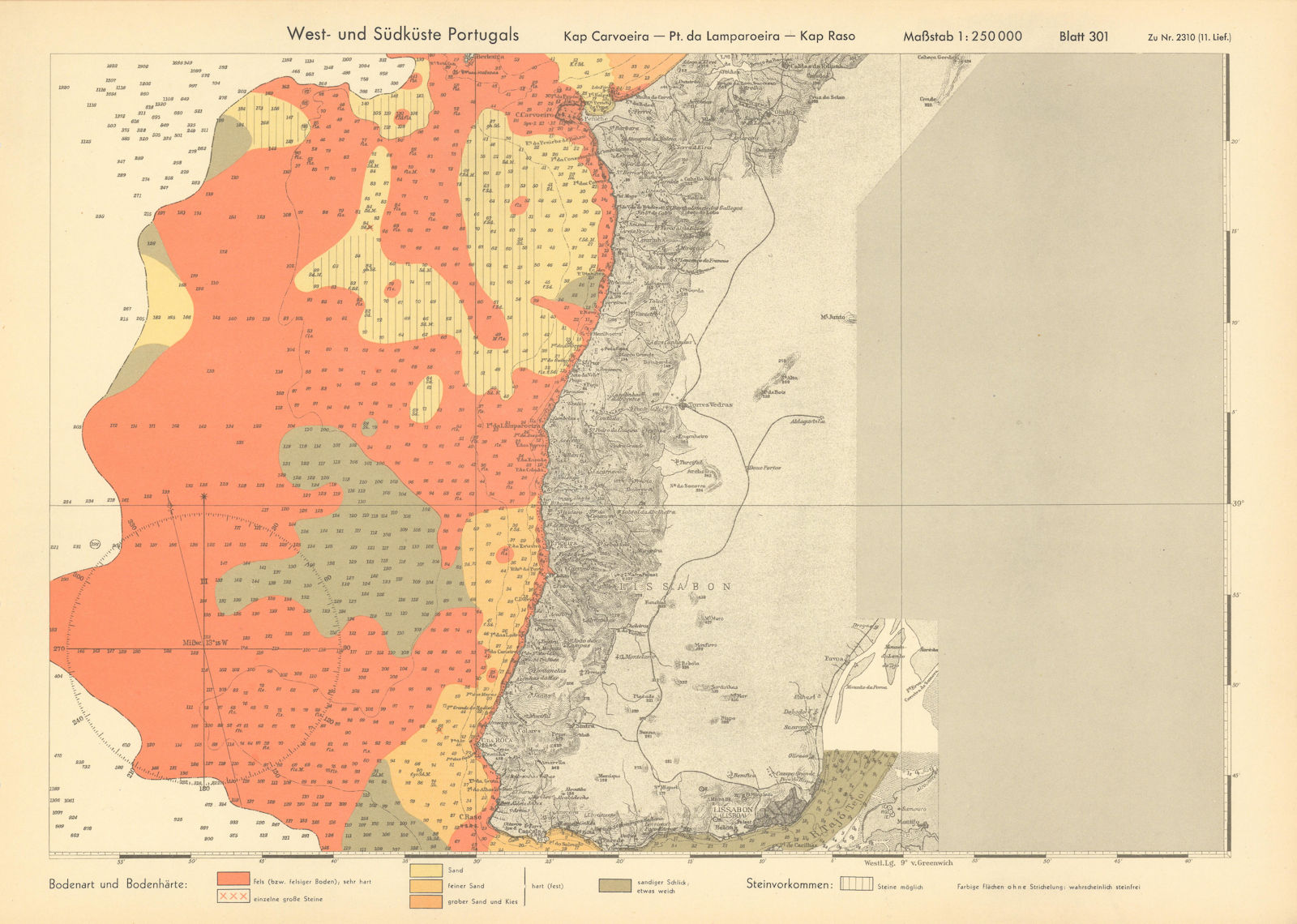 Lisboa distrito north coast. Lisbon Portugal. KRIEGSMARINE Nazi map 1943