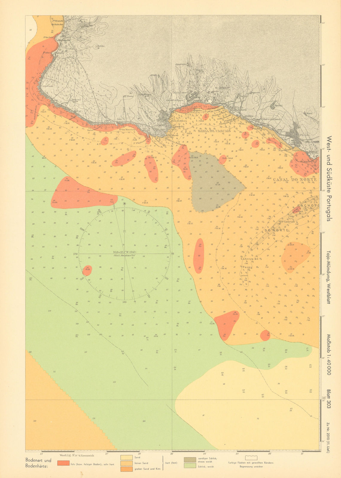 Cascais. Tagus estuary west. Portugal. KRIEGSMARINE Nazi map 1943 old