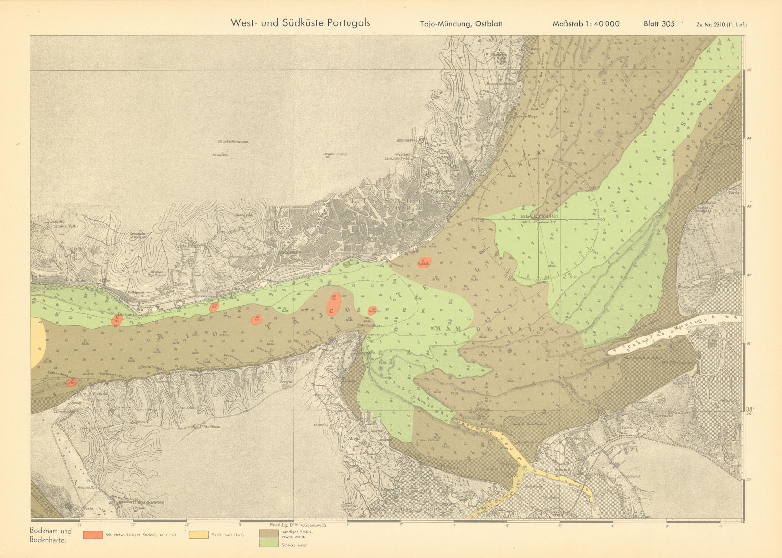 Lisbon. Tagus estuary east. Portugal. KRIEGSMARINE Nazi map 1943 old