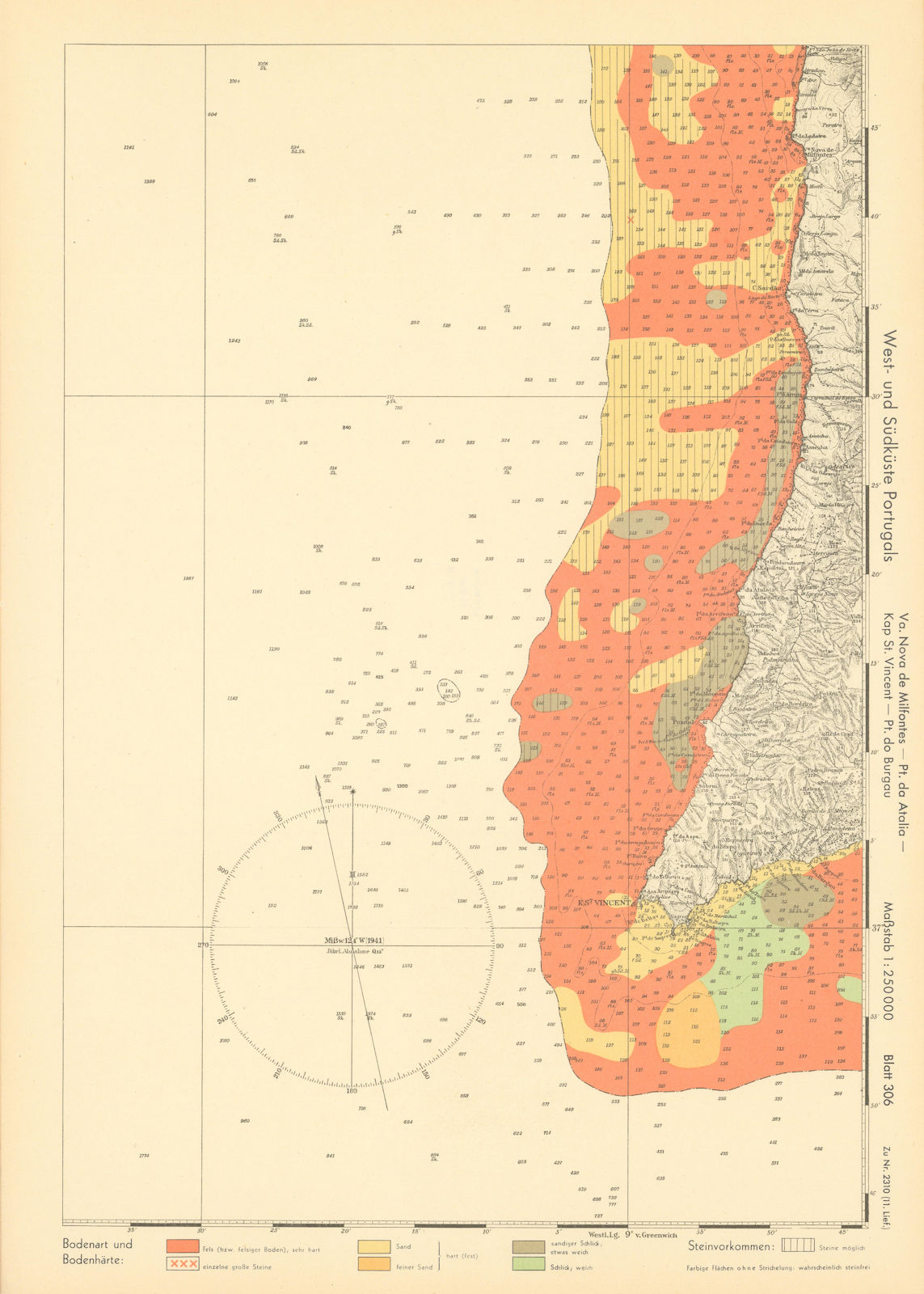 Algarve coast. Cape St. Vincent. Portugal. KRIEGSMARINE Nazi map 1943 old
