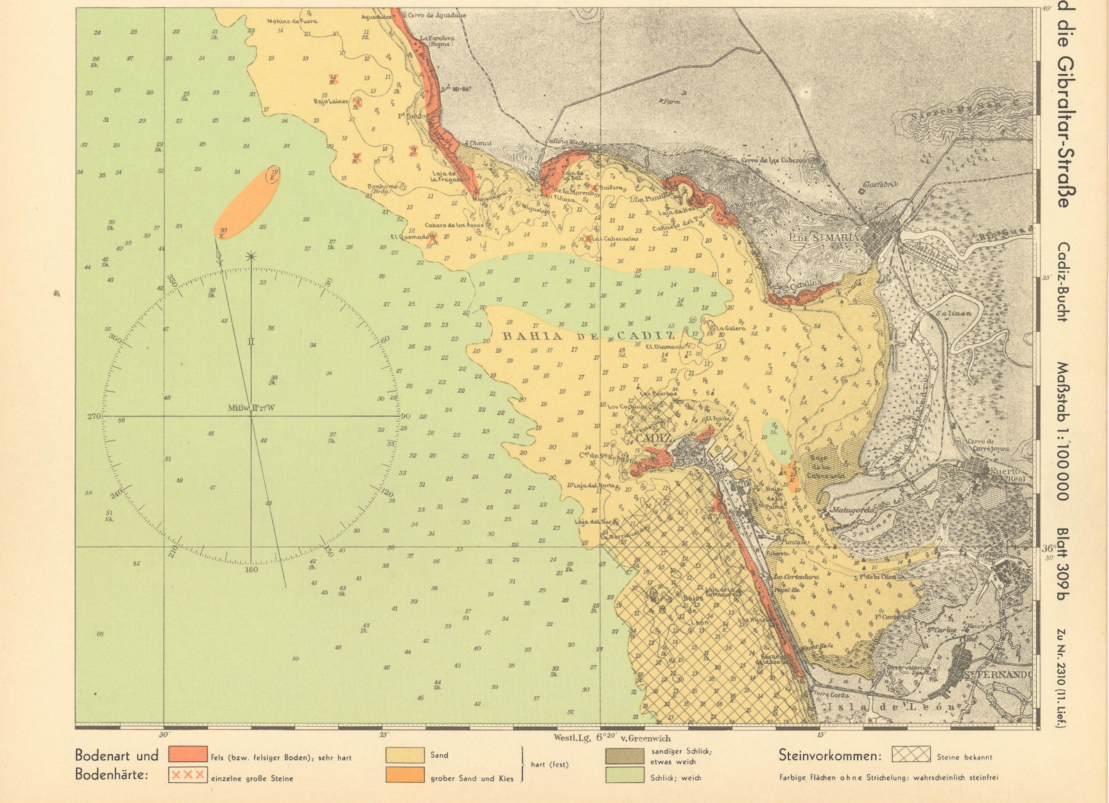 Bahia de / Bay of Cádiz Cadiz. Spain. KRIEGSMARINE Nazi map 1943 old