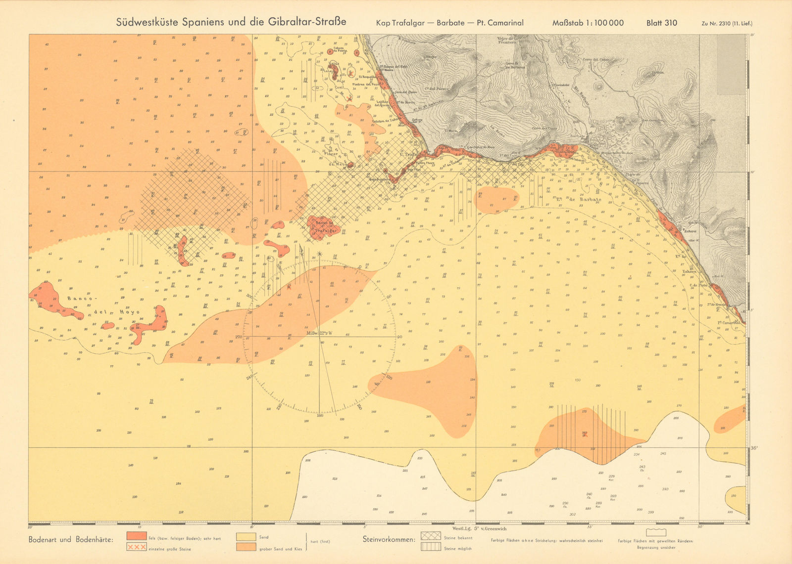 Andalusia coast Spain. Cape Trafalgar Barbate. KRIEGSMARINE Nazi map 1943
