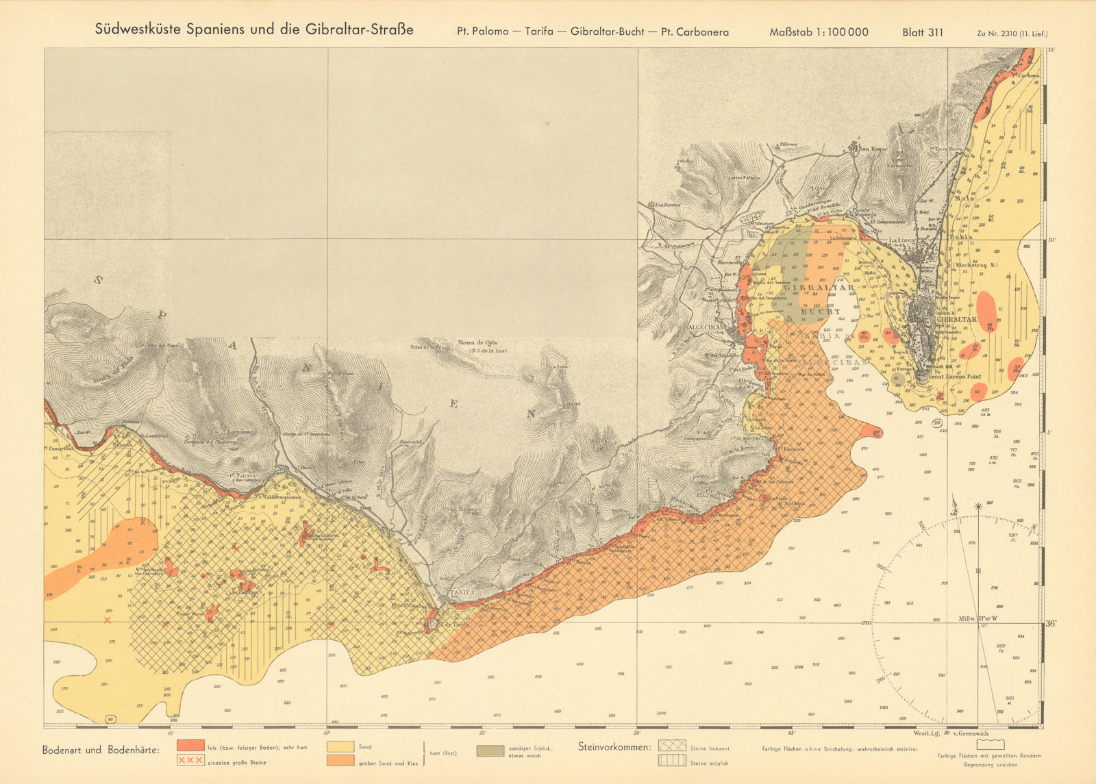 Andalusia coast Gibraltar Bay Tarifa Spain KRIEGSMARINE Nazi map 1943 old