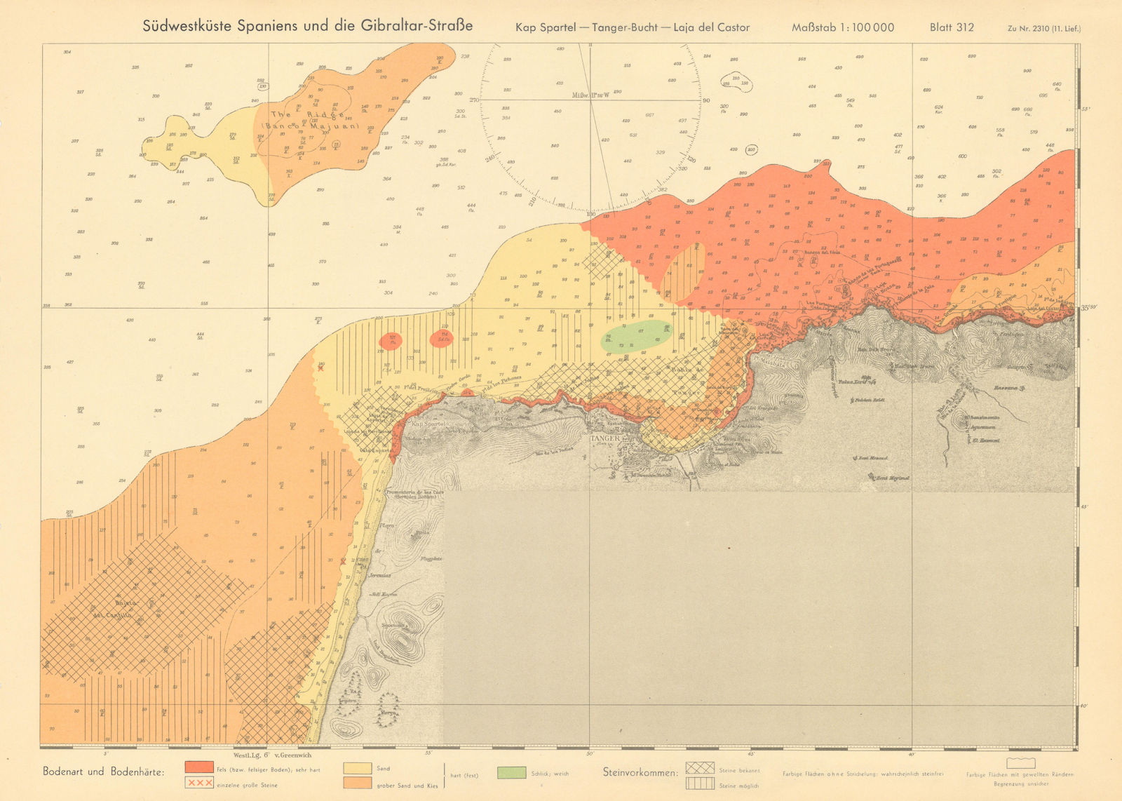 North Morocco Coast. Cap Spartel Tangiers KRIEGSMARINE Nazi map 1943 old