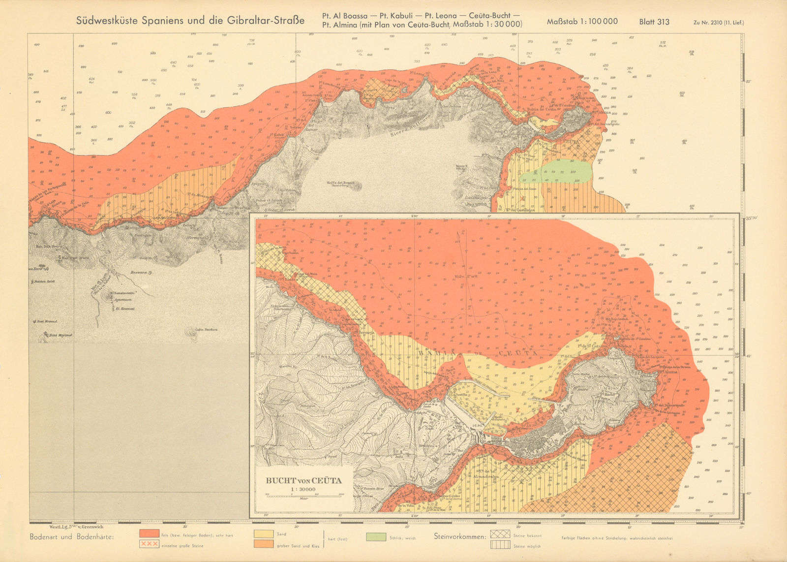 Northern Morocco coast. Tanger Ceuta Bay. KRIEGSMARINE Nazi map 1943 old