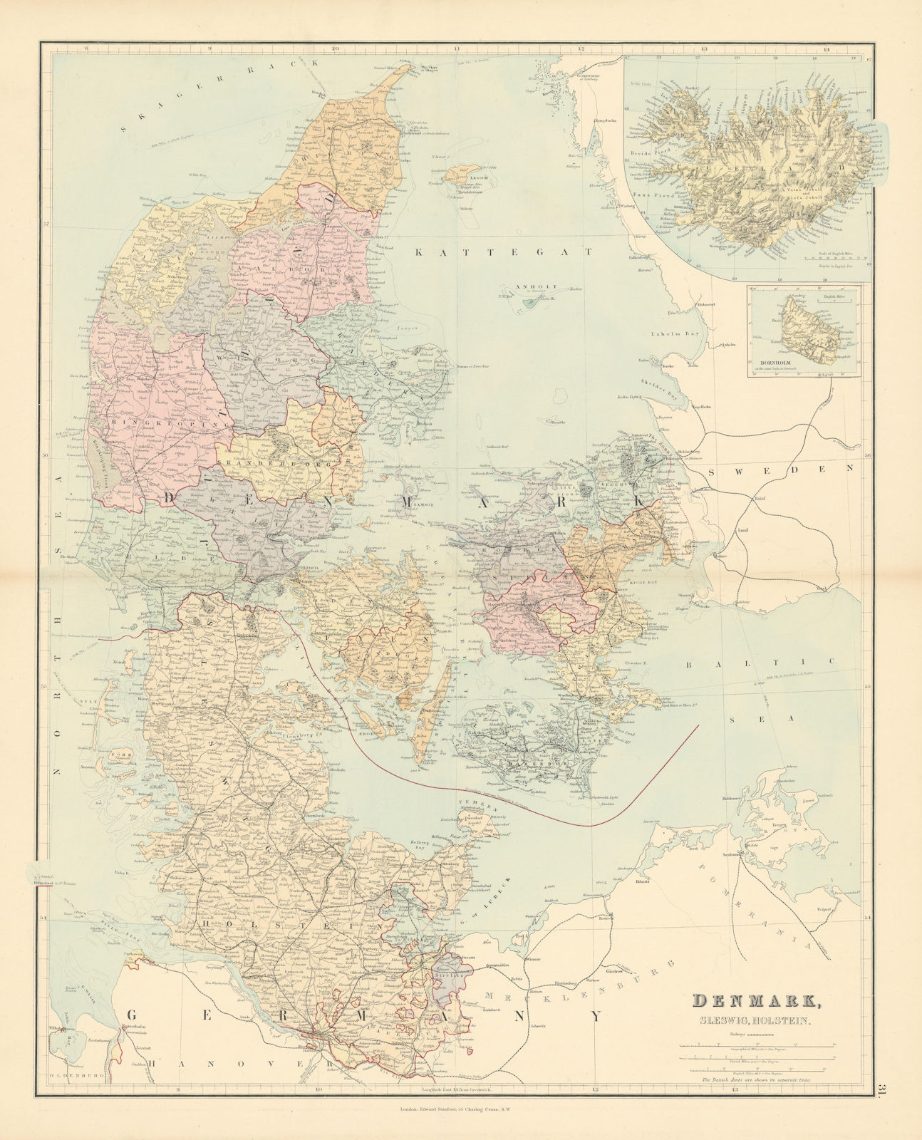 Denmark, Schleswig & Holstein. Iceland Bornholm. Large 65x53cm STANFORD 1887 map