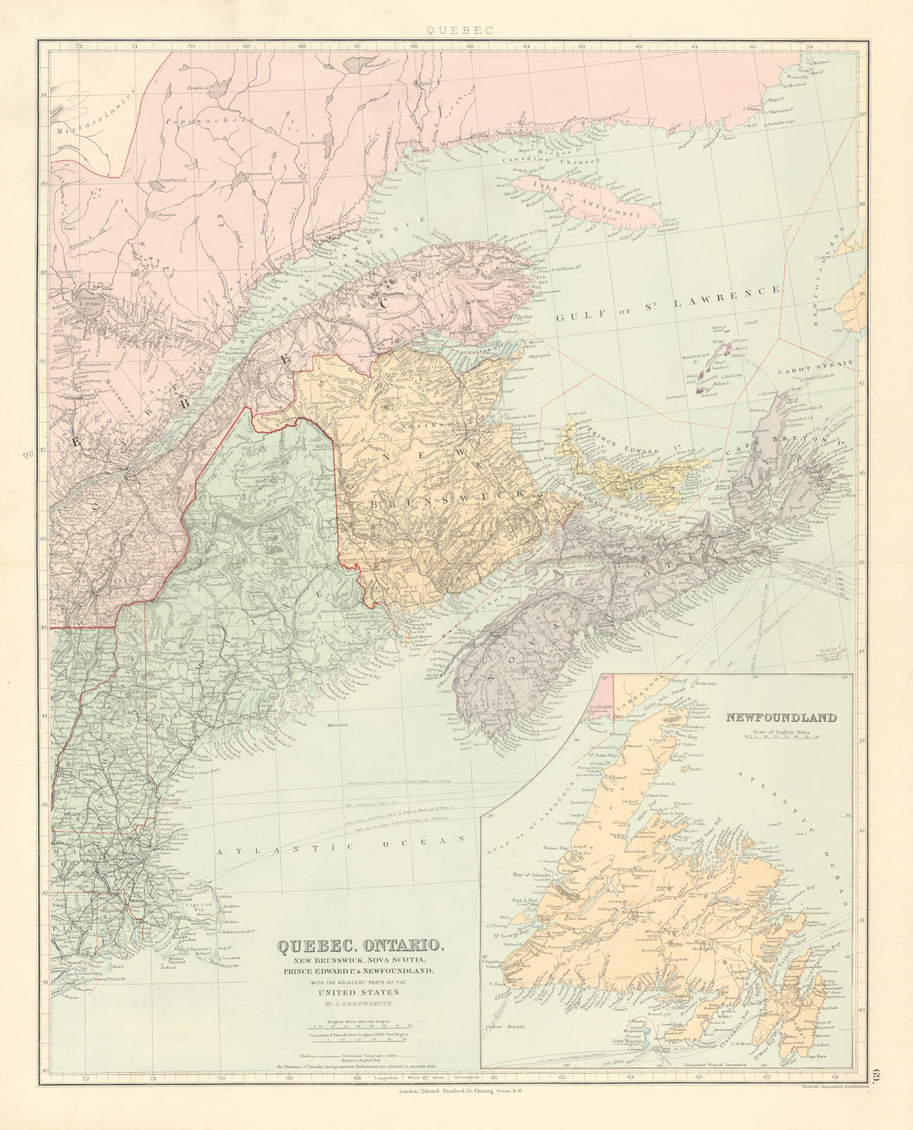 Canada Maritime Provinces. Quebec New Brunswick Maine PEI. STANFORD 1887 map