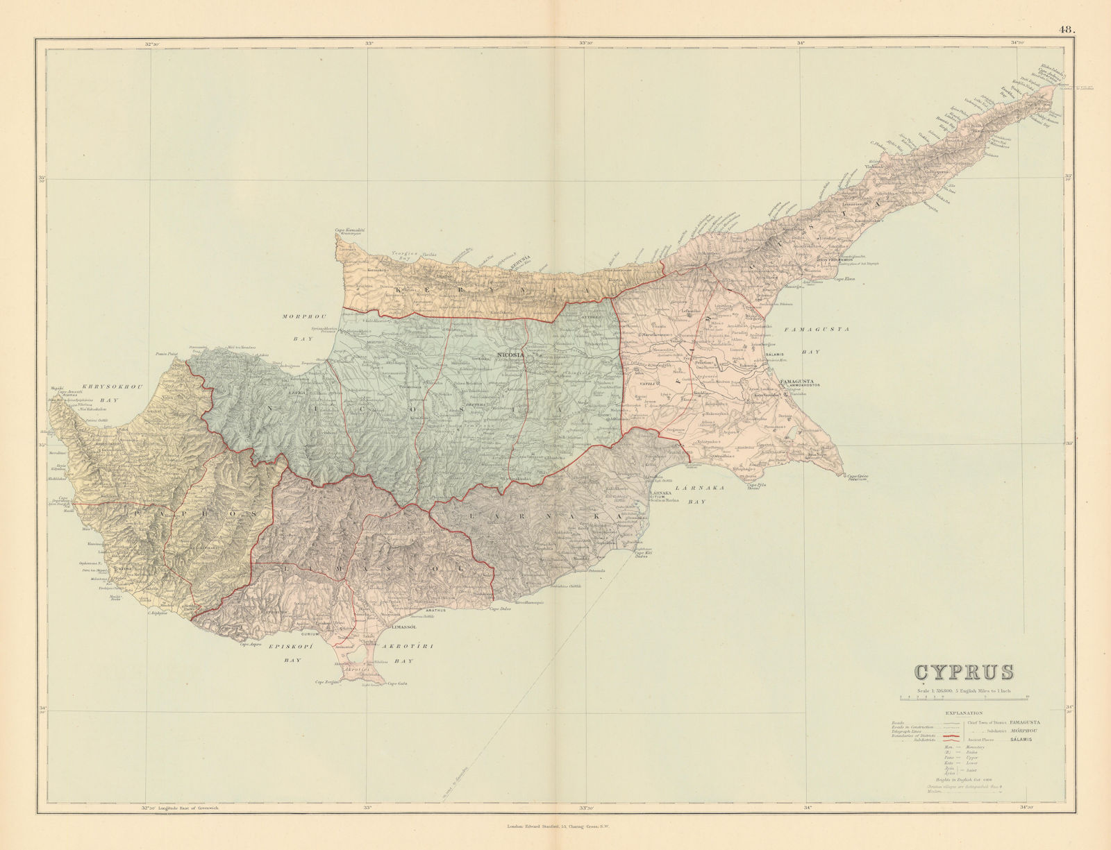 Associate Product Cyprus. Famagusta Kerynia Larnaca Limassol Nicosia Paphos. STANFORD 1887 map