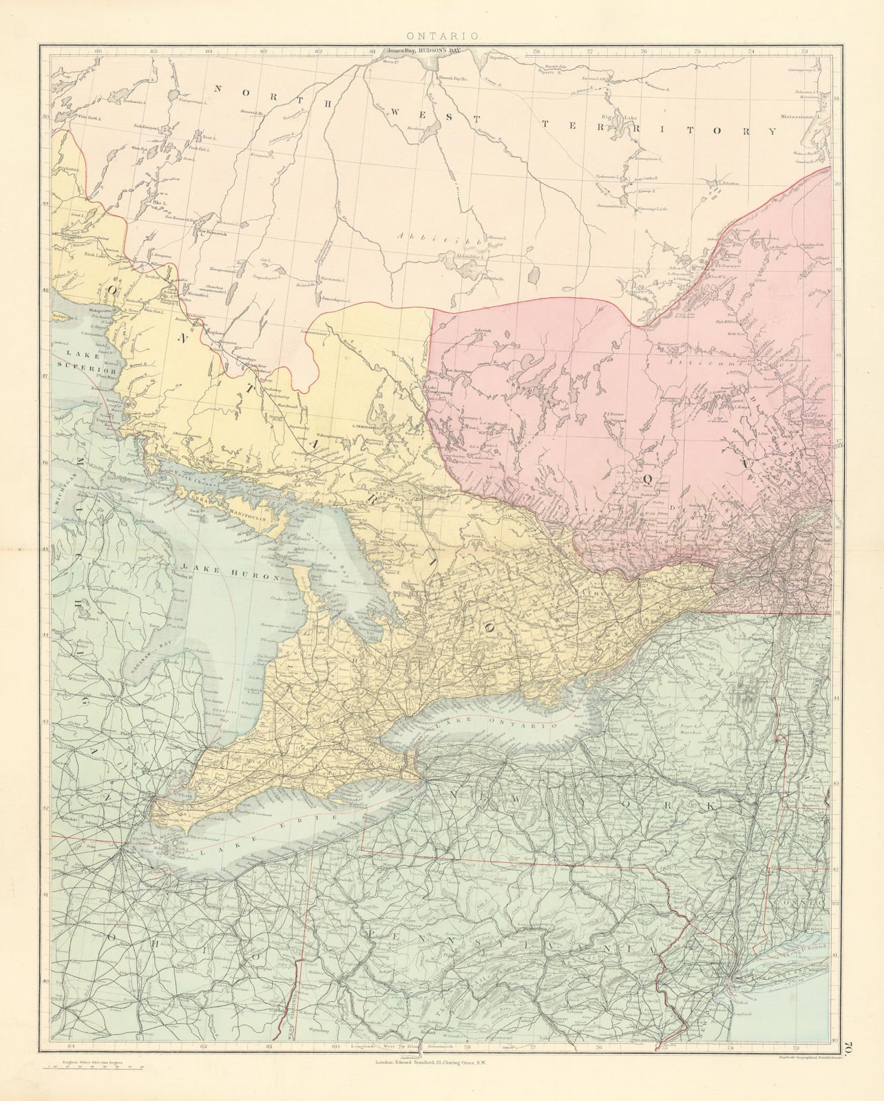 Southern Ontario. Lake Huron Erie. New York state. Great Lakes STANFORD 1887 map