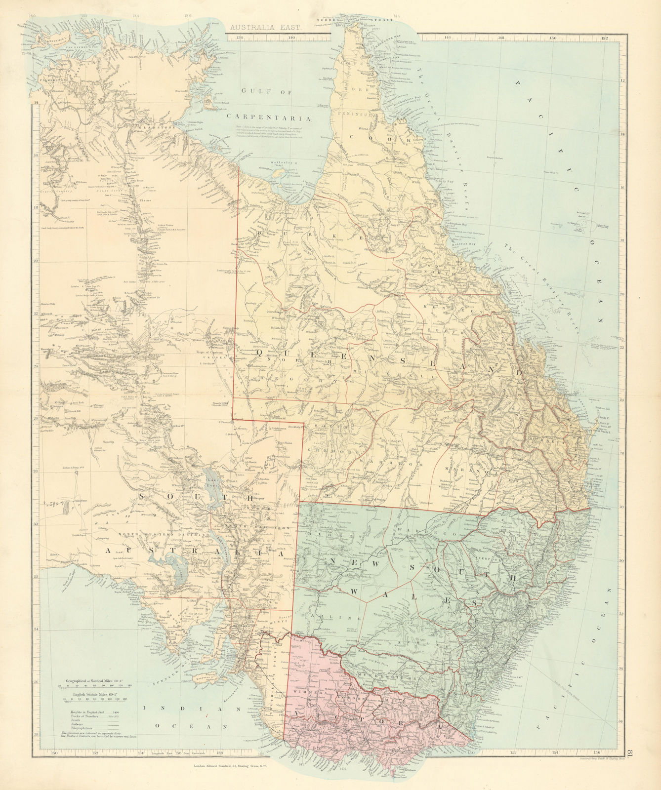 Eastern Australia. New South Wales Victoria Queensland. STANFORD 1887 old map