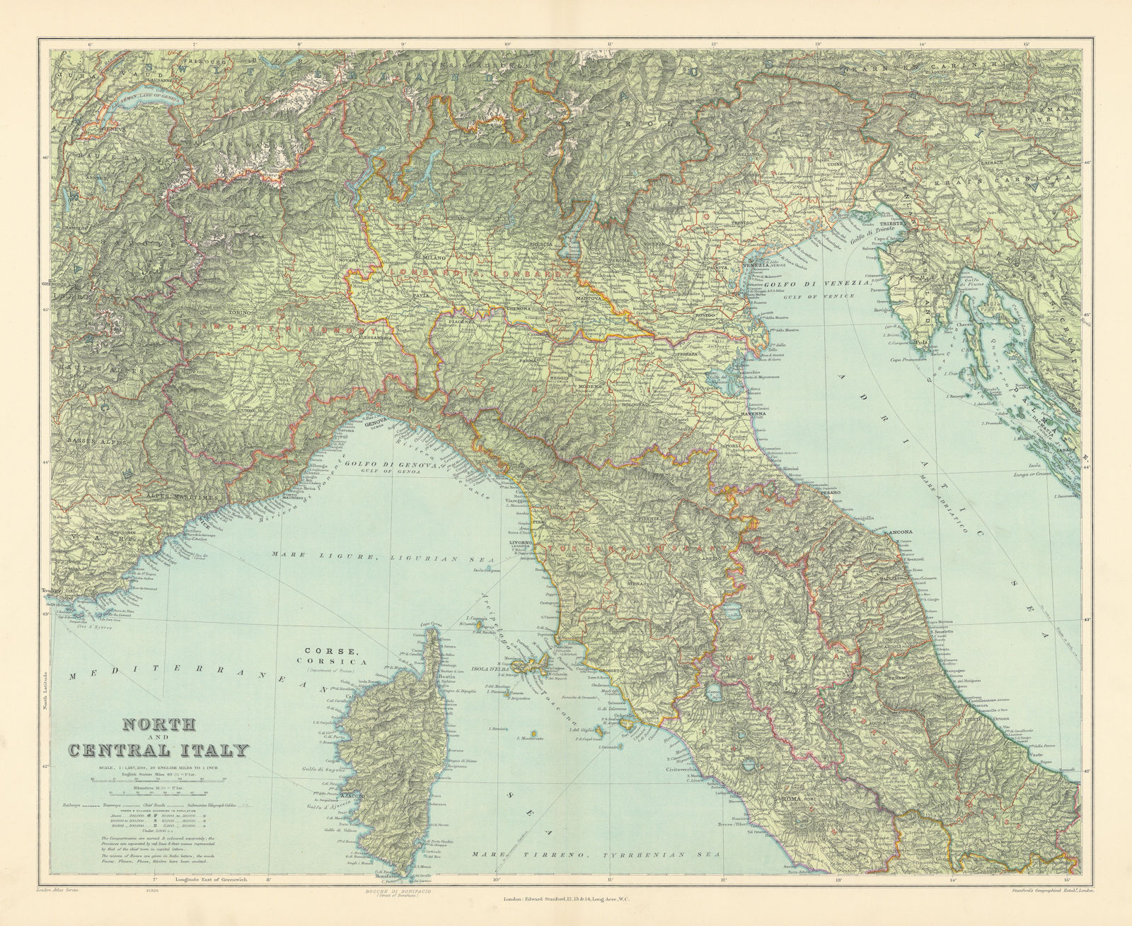 North Italy. w/o Trieste Tyrol. Lombardy Piedmont Veneto &c. STANFORD 1904 map