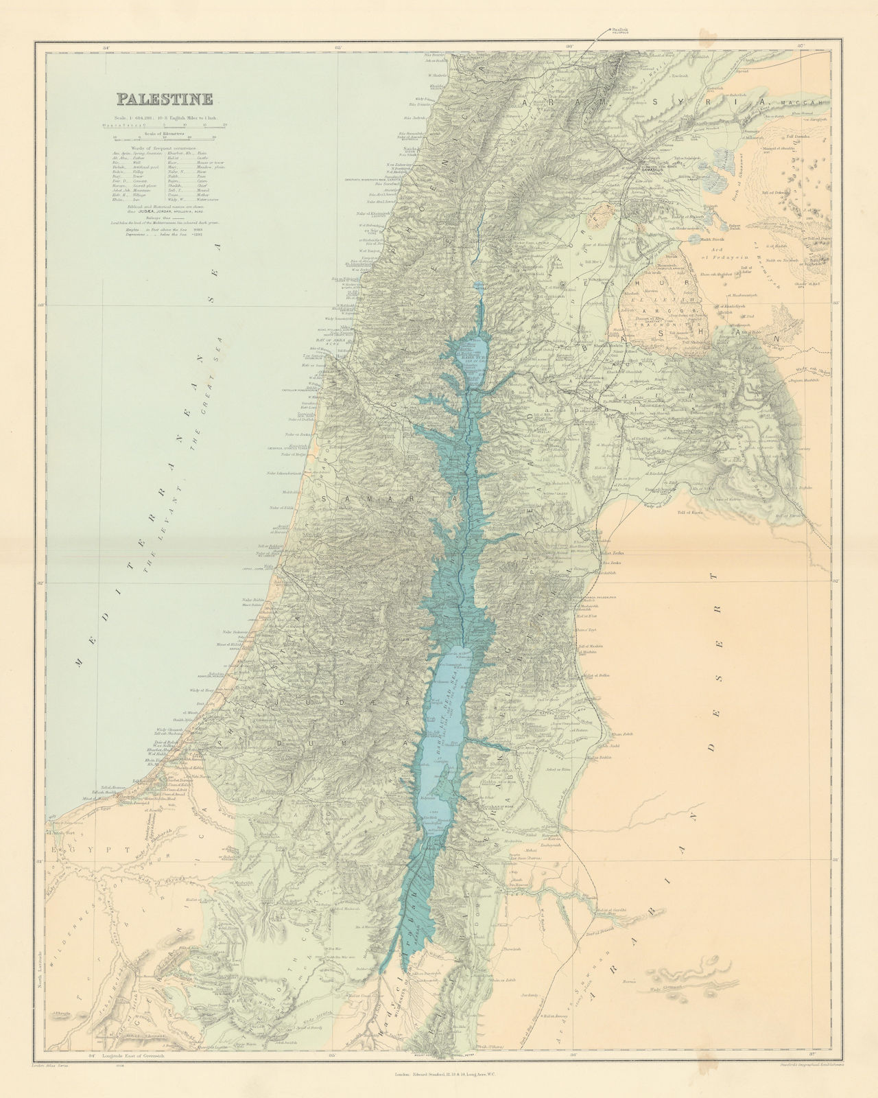 Palestine Holy Land Israel Lebanon Jordan Syria Biblical names STANFORD 1904 map
