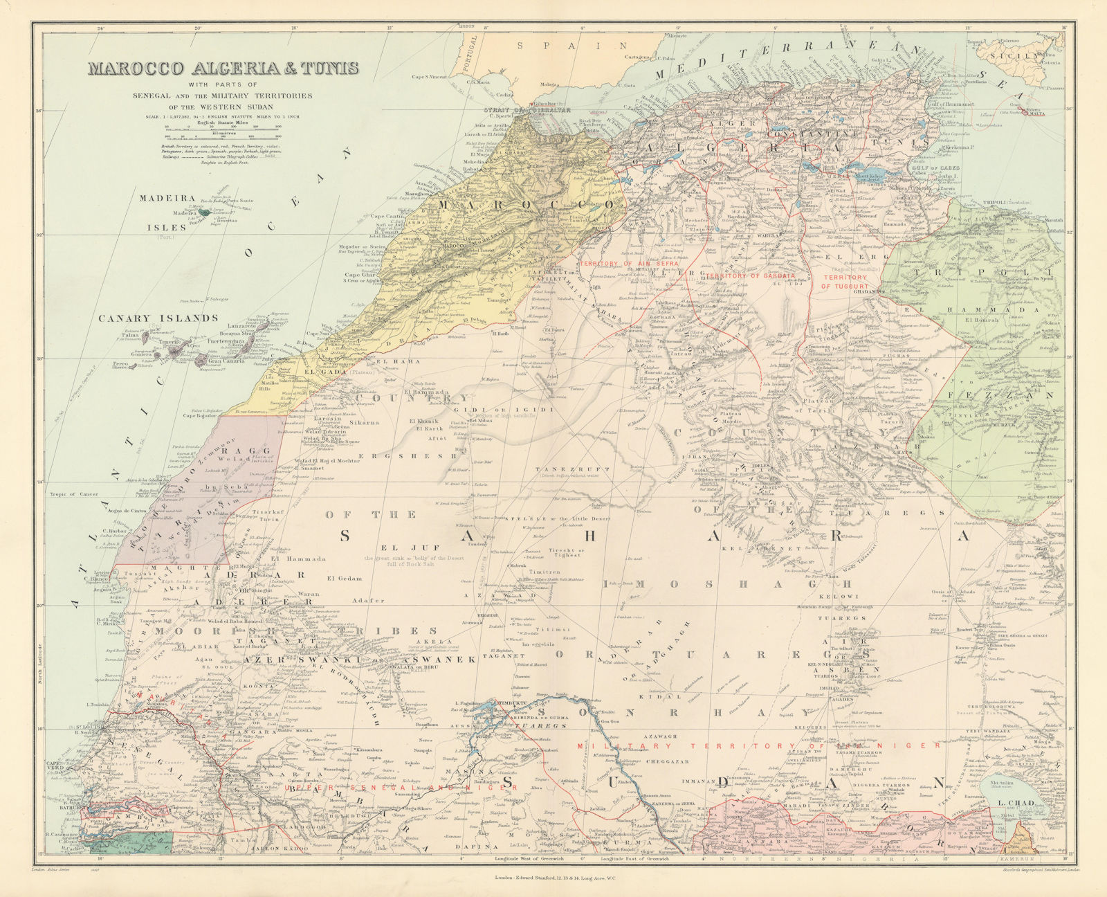 Northwest Africa. Morocco Sahara Rio do Oro Ain Sefra Gardaia. STANFORD 1904 map