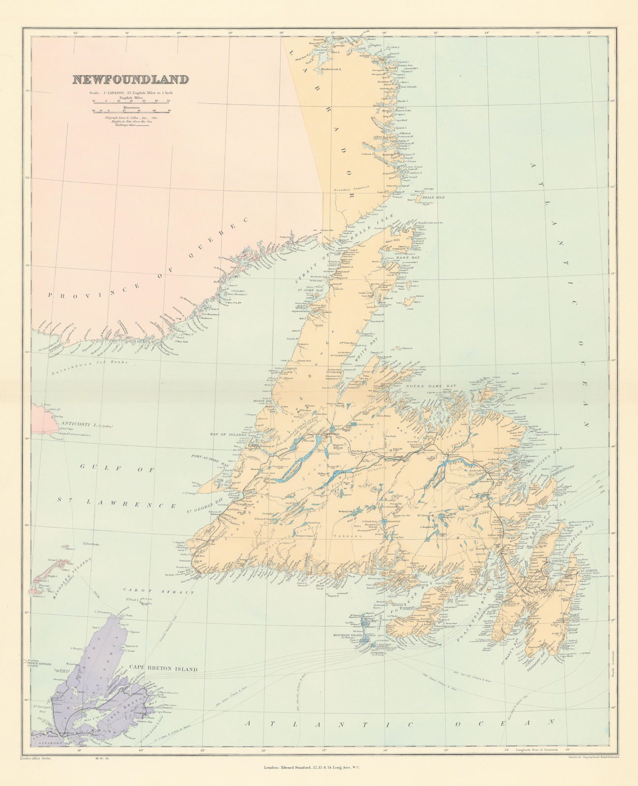 Newfoundland Labrador Cape Breton Island St Pierre & Miquelon STANFORD 1904 map