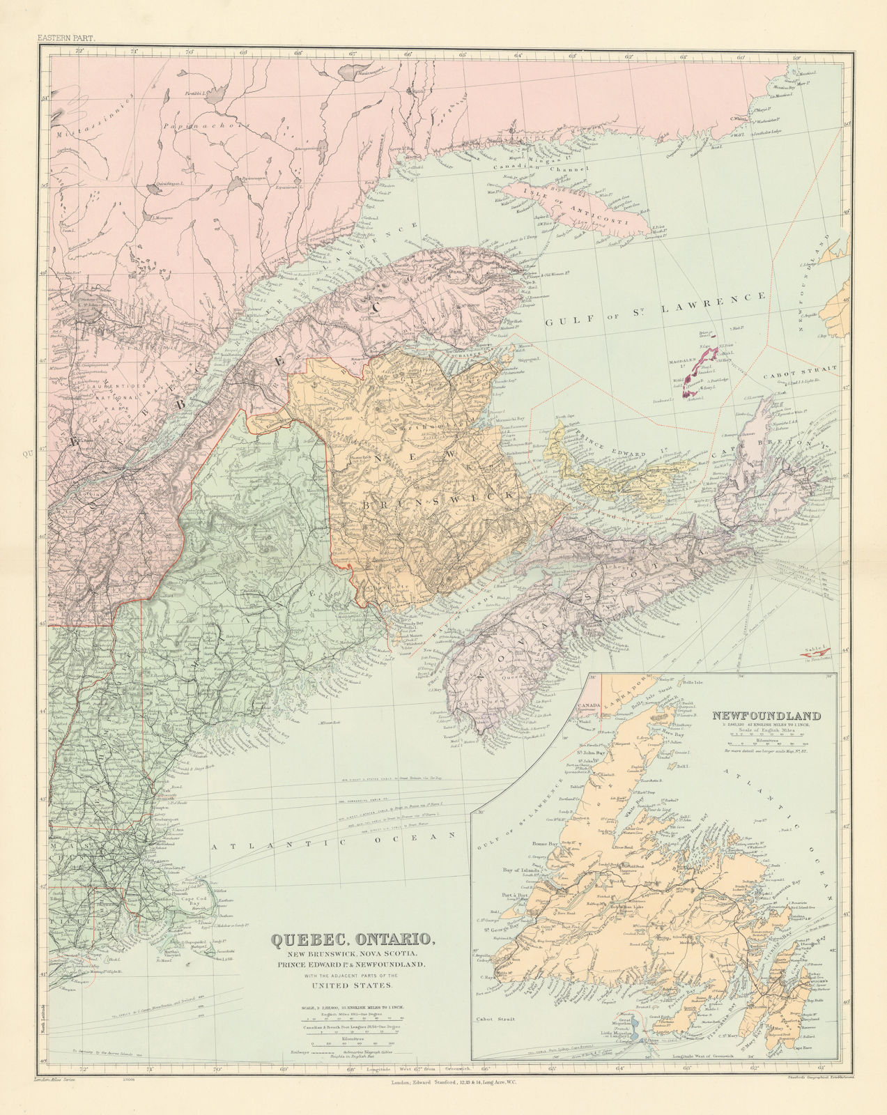 Canada Maritime Provinces. Quebec New Brunswick Maine PEI. STANFORD 1904 map