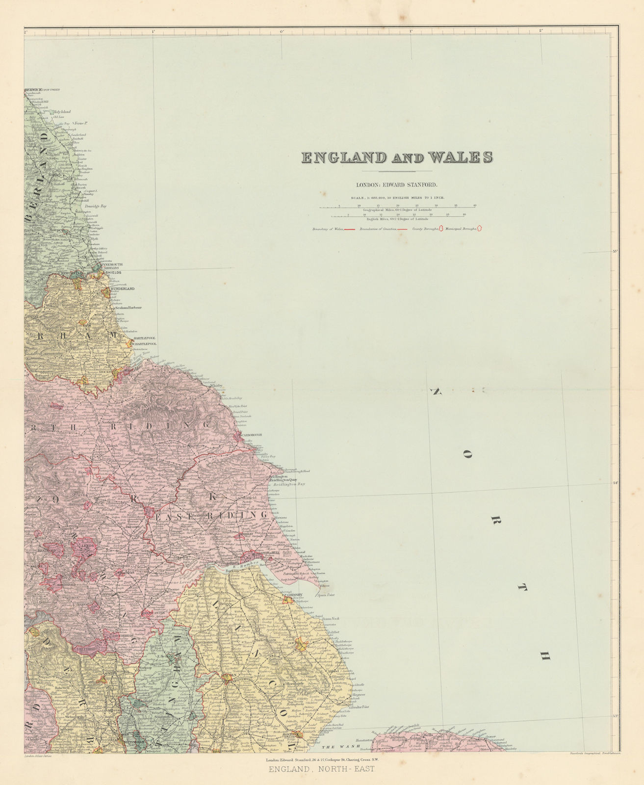 Associate Product North east England. Tyneside Yorkshire Lincolnshire. 61x50cm STANFORD 1894 map