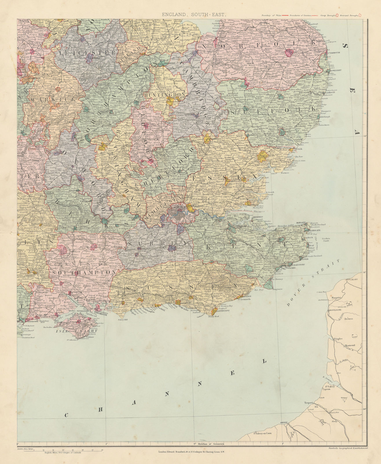 Associate Product South east England. Counties & boroughs. Large 61x50cm. STANFORD 1894 old map