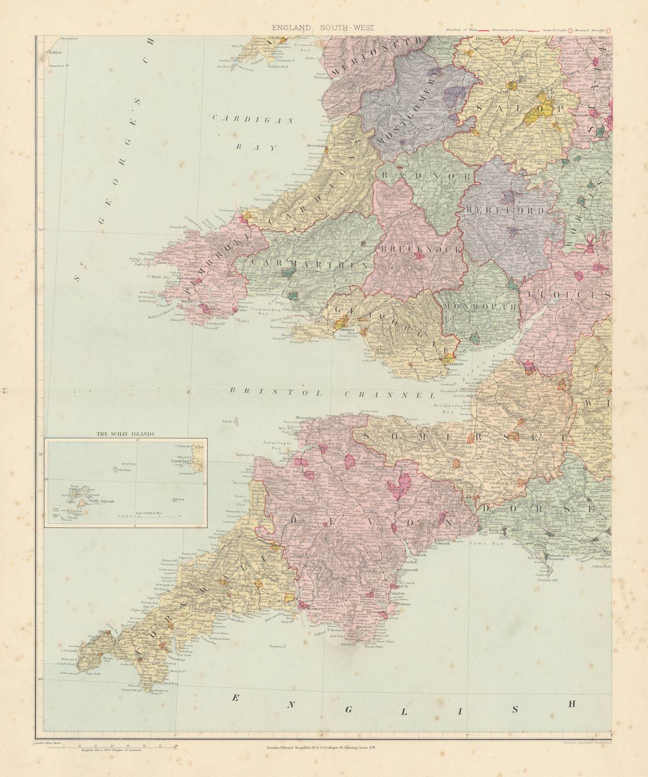 Associate Product South-west England & South Wales. Large 62x51cm. STANFORD 1894 old antique map