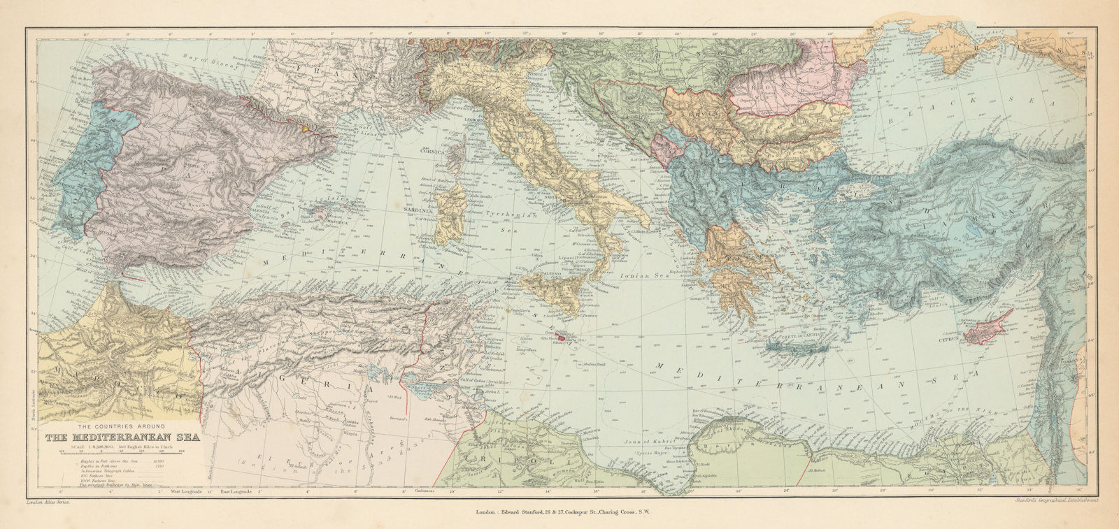 Associate Product Countries round the Mediterranean. Soundings Telegraph cables. STANFORD 1894 map