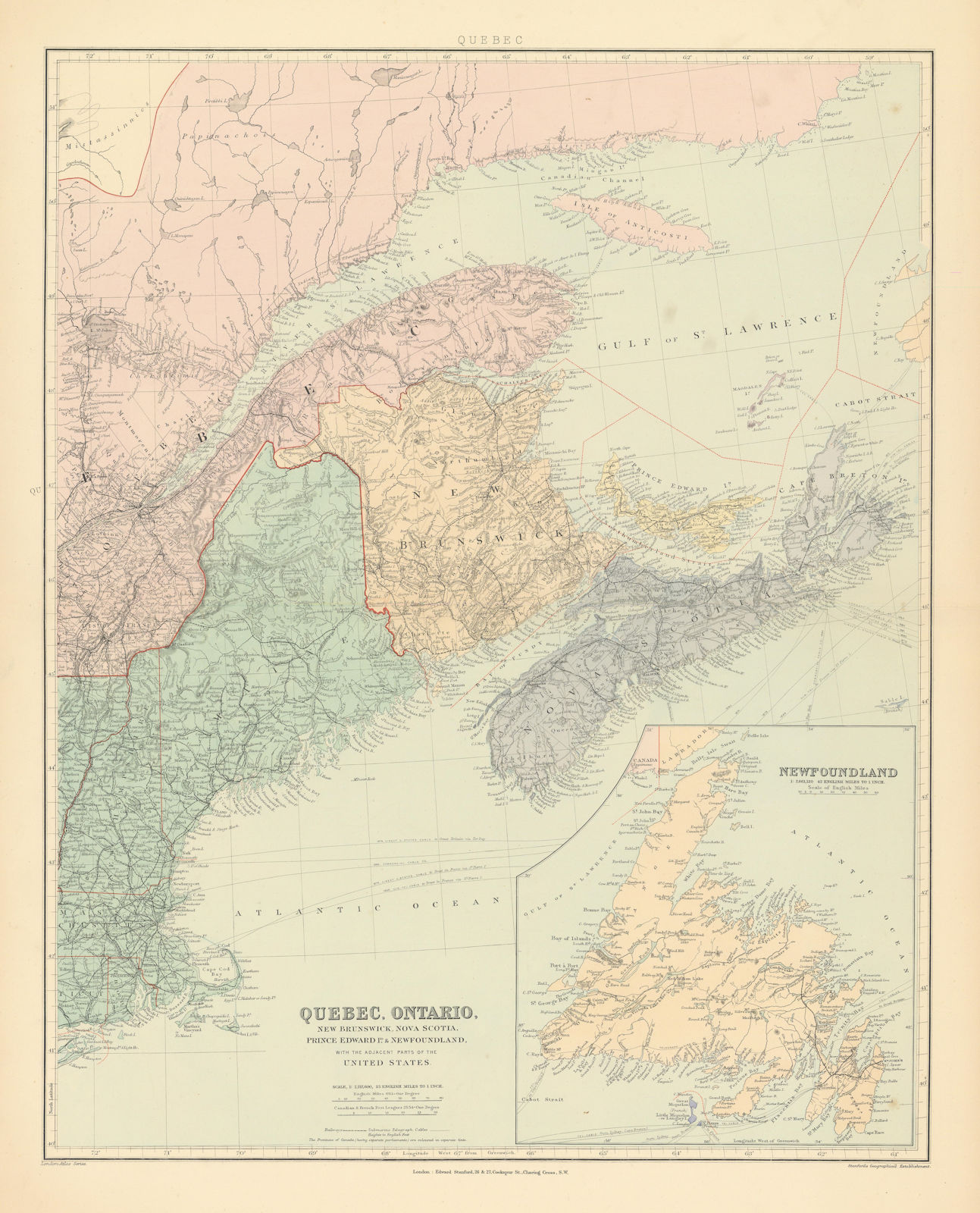 Canada Maritime Provinces. Quebec New Brunswick Maine PEI. STANFORD 1894 map