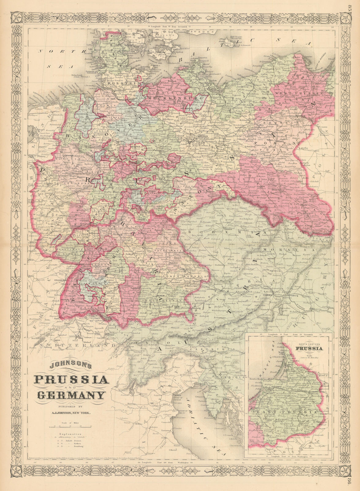 Johnson's Prussia & Germany. Saxony Silesia Bavaria Pomerania Poland 1867 map