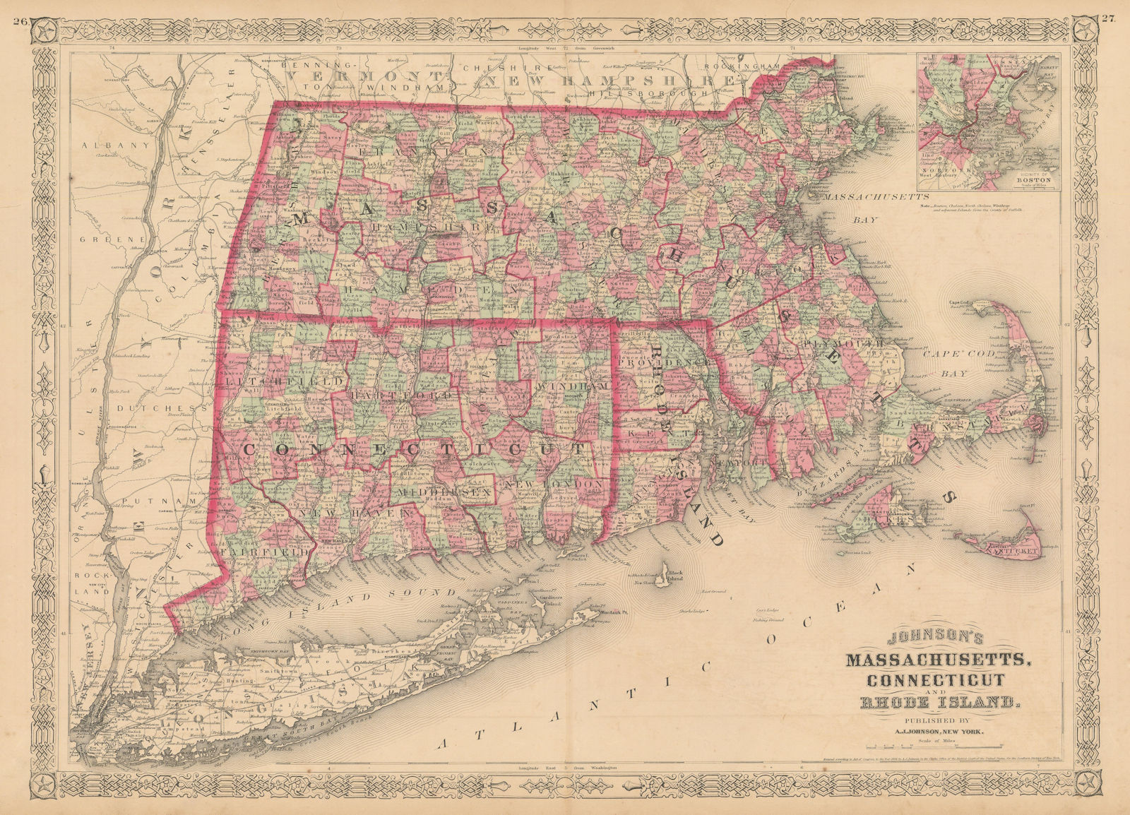 Johnson's Massachusetts, Connecticut & Rhode Island 1867 old antique map chart