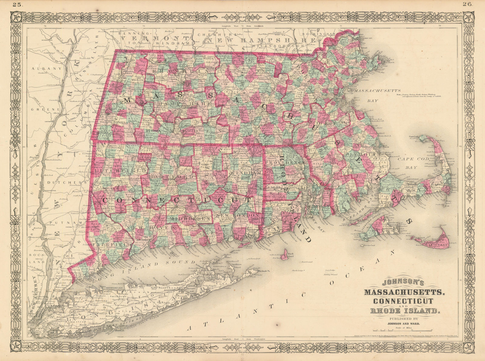 Johnson's Massachusetts, Connecticut & Rhode Island 1865 old antique map chart